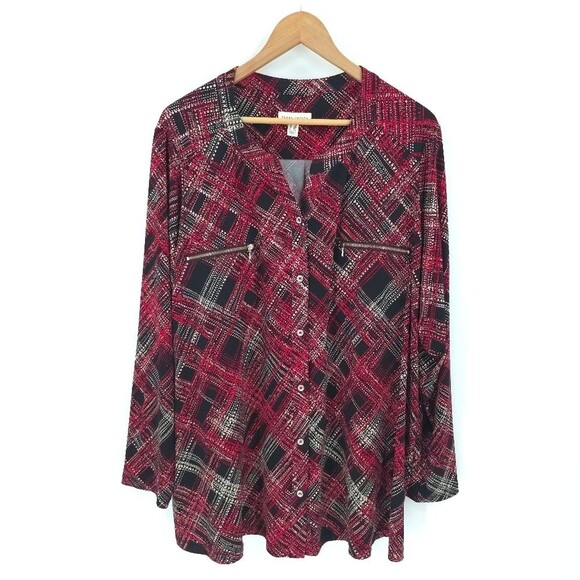 Susan Graver Liquid Knit Plaid Top Button Up Long Sleeves Red Black Zip Pockets - Picture 1 of 11